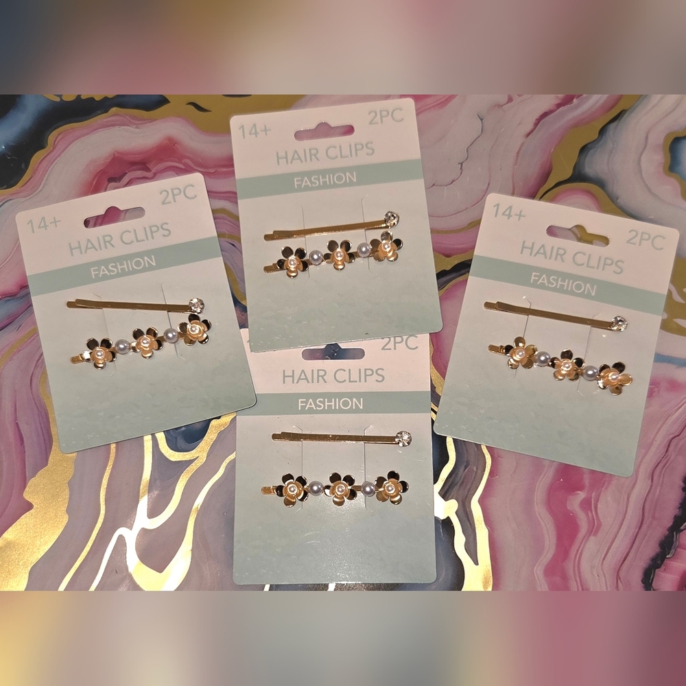 Gold Flower & Pearl Hair Clips - Set of 2